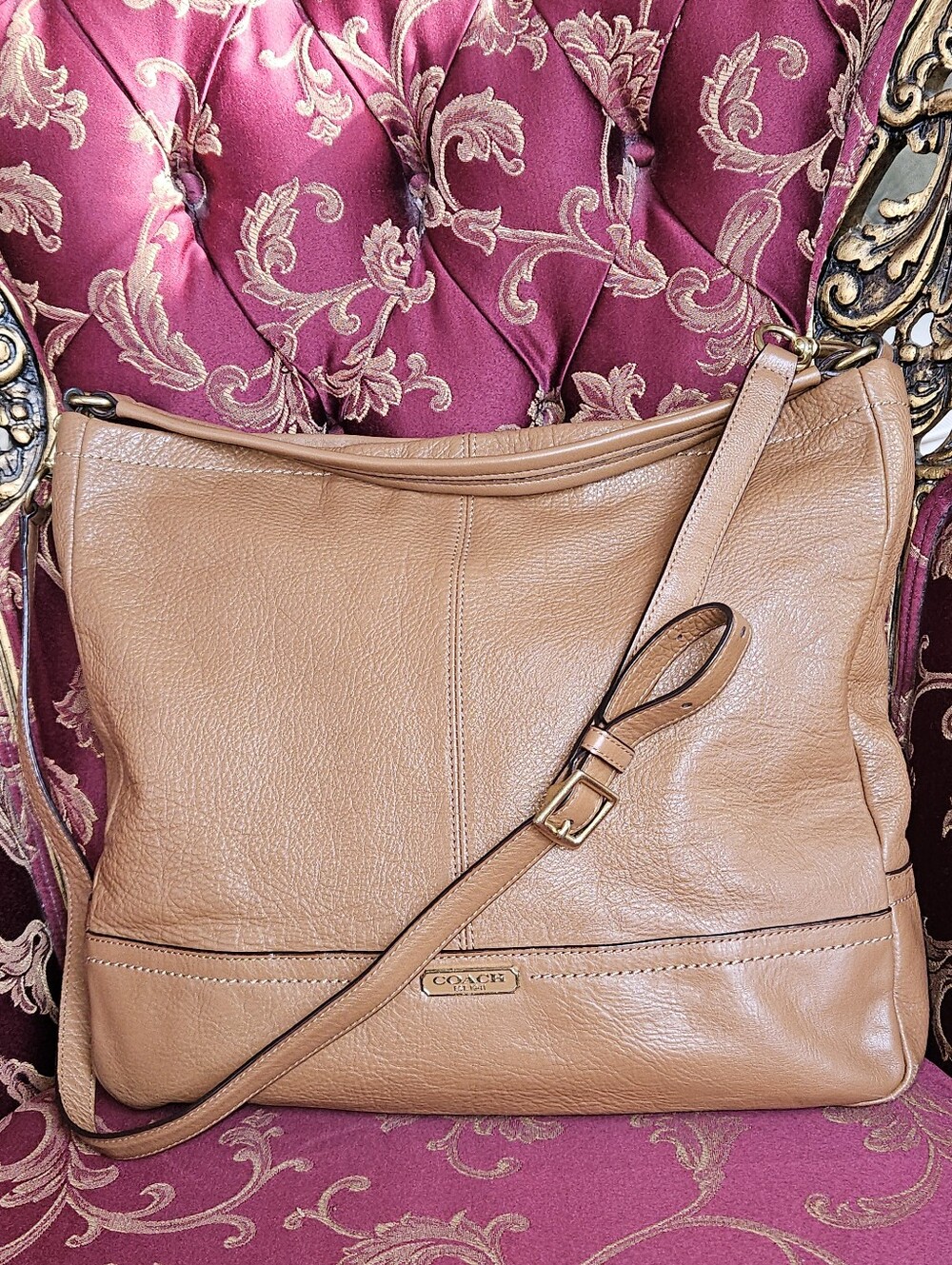 COACH Tan Pebbled Leather Shoulder Bag with Gold Hardware